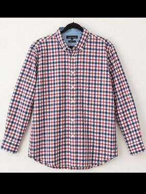 Classic Collection - Club Room Men's Red, White & Blue Check Button-Down Shirt